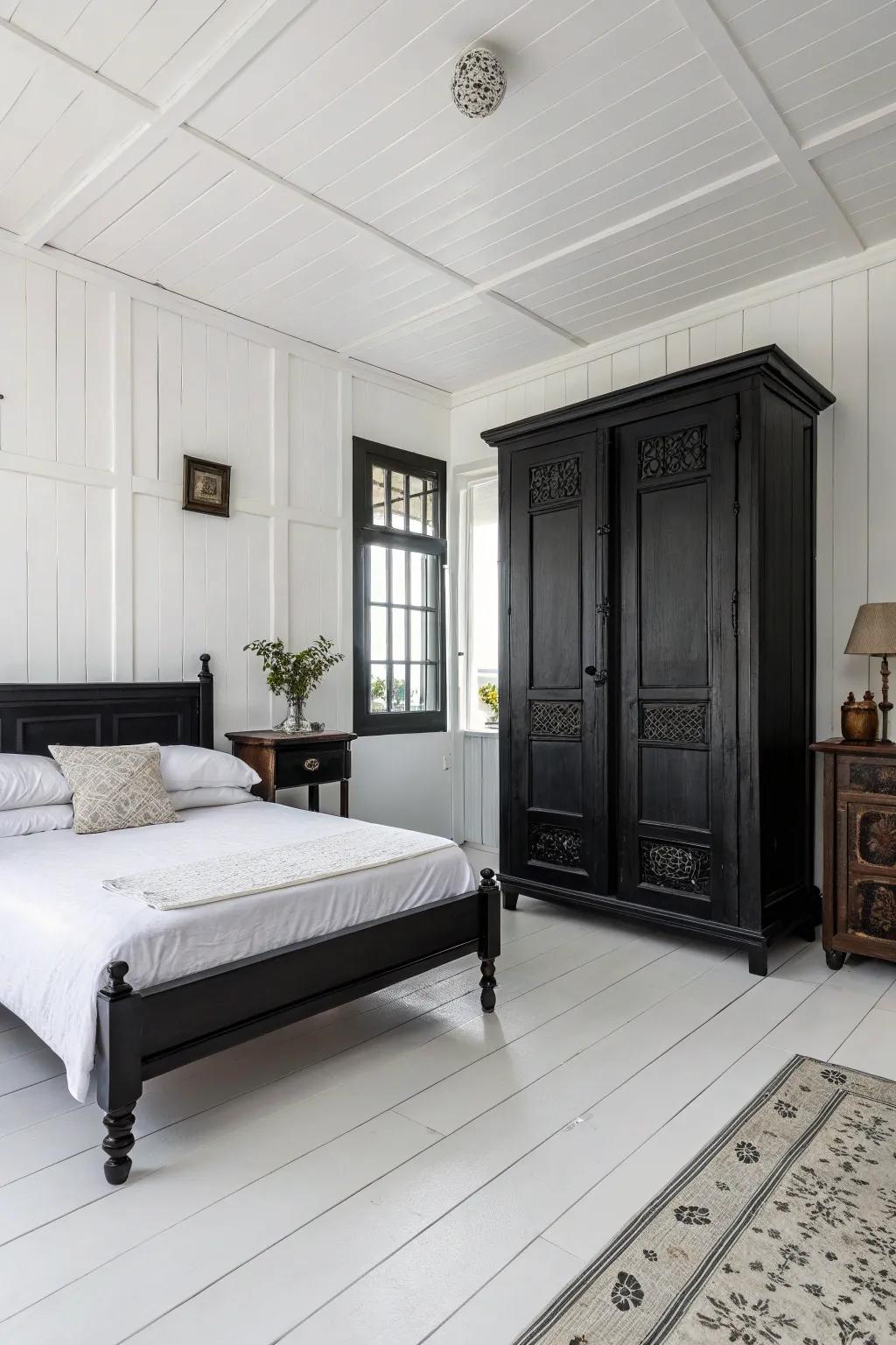 White floors contrast with dark furniture for a bright and airy feel.