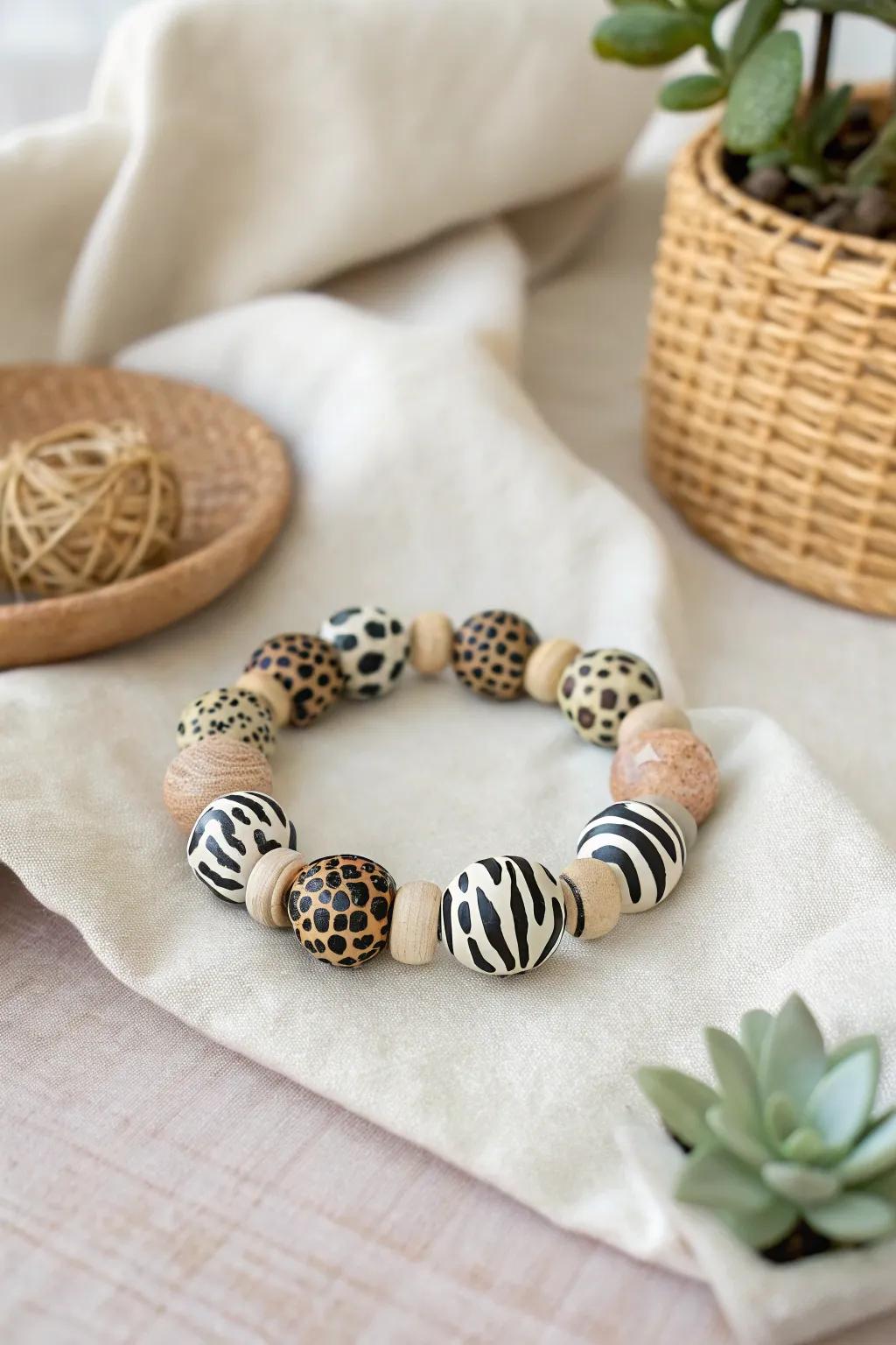 Unleash your wild side with this breathtaking creature print clay bead bracelet, where simplicity meets untamed elegance.
