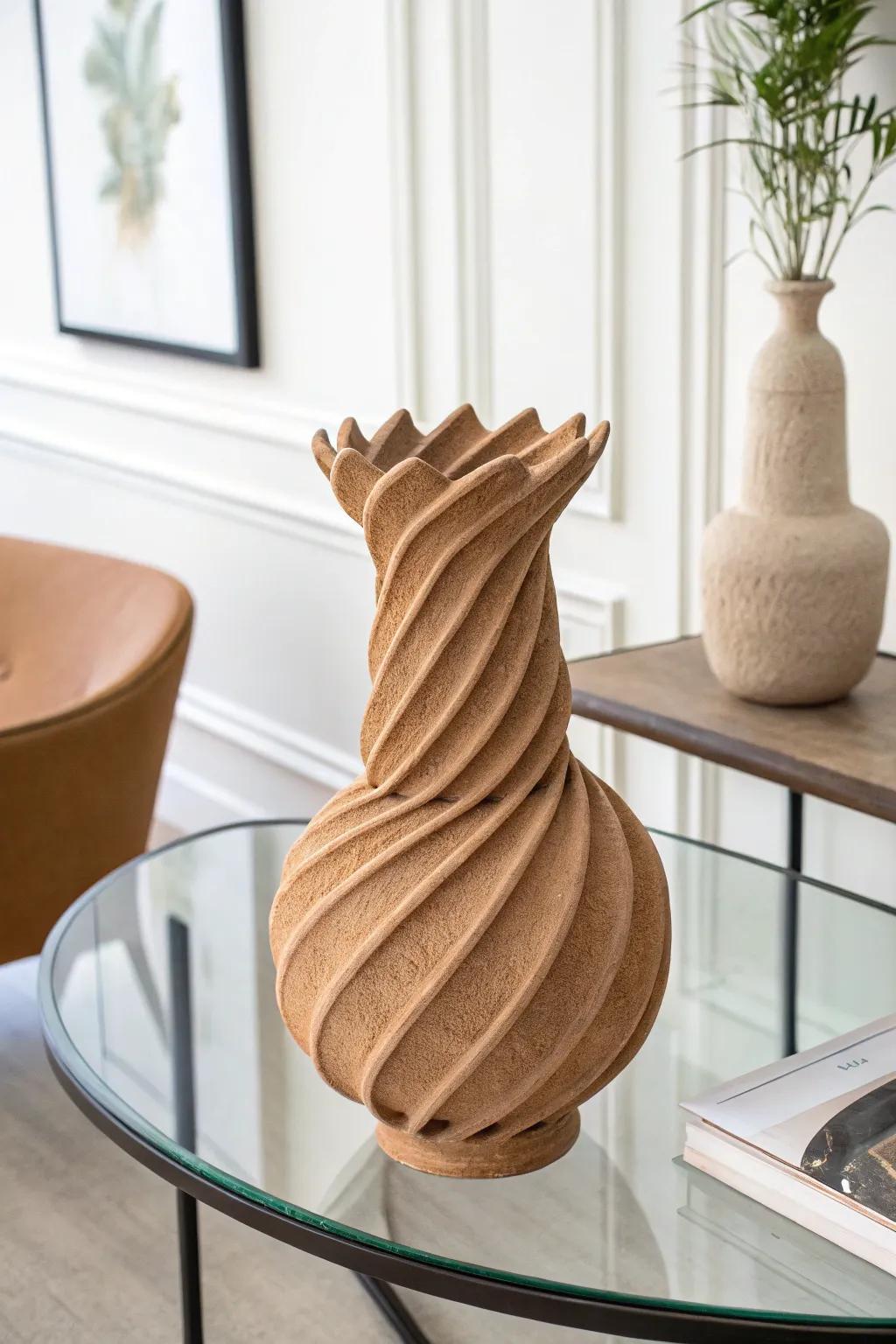 An earthenware flower holder that features bent shapes, establishing energetic visual intrigue.