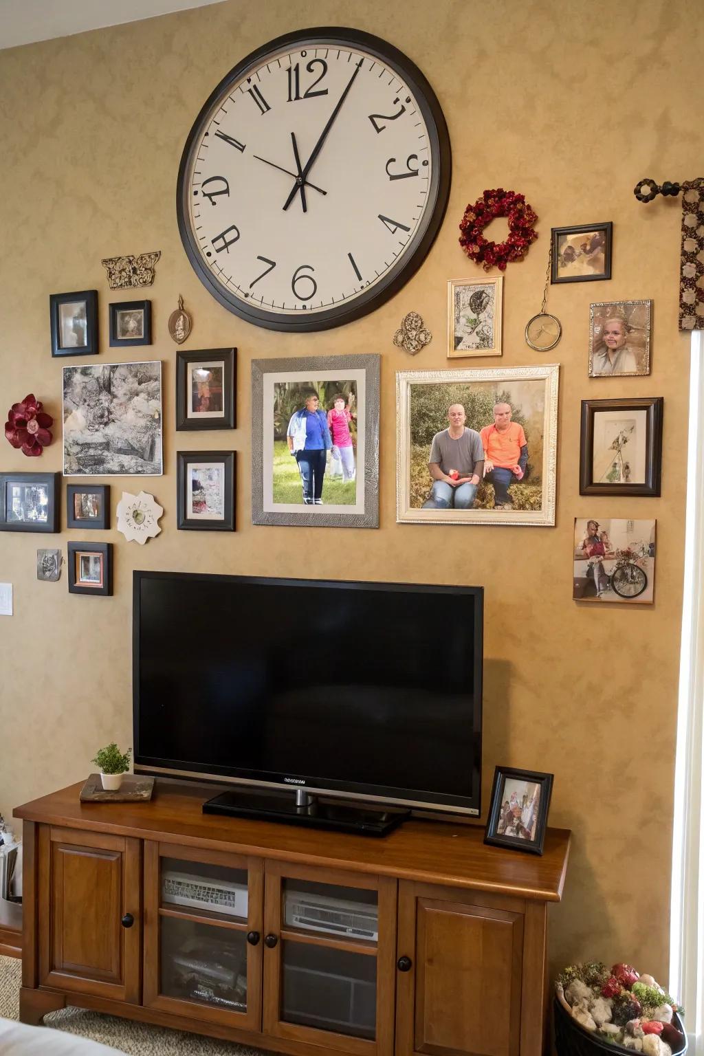 Family images add a private touch to the television and clock arrangement.