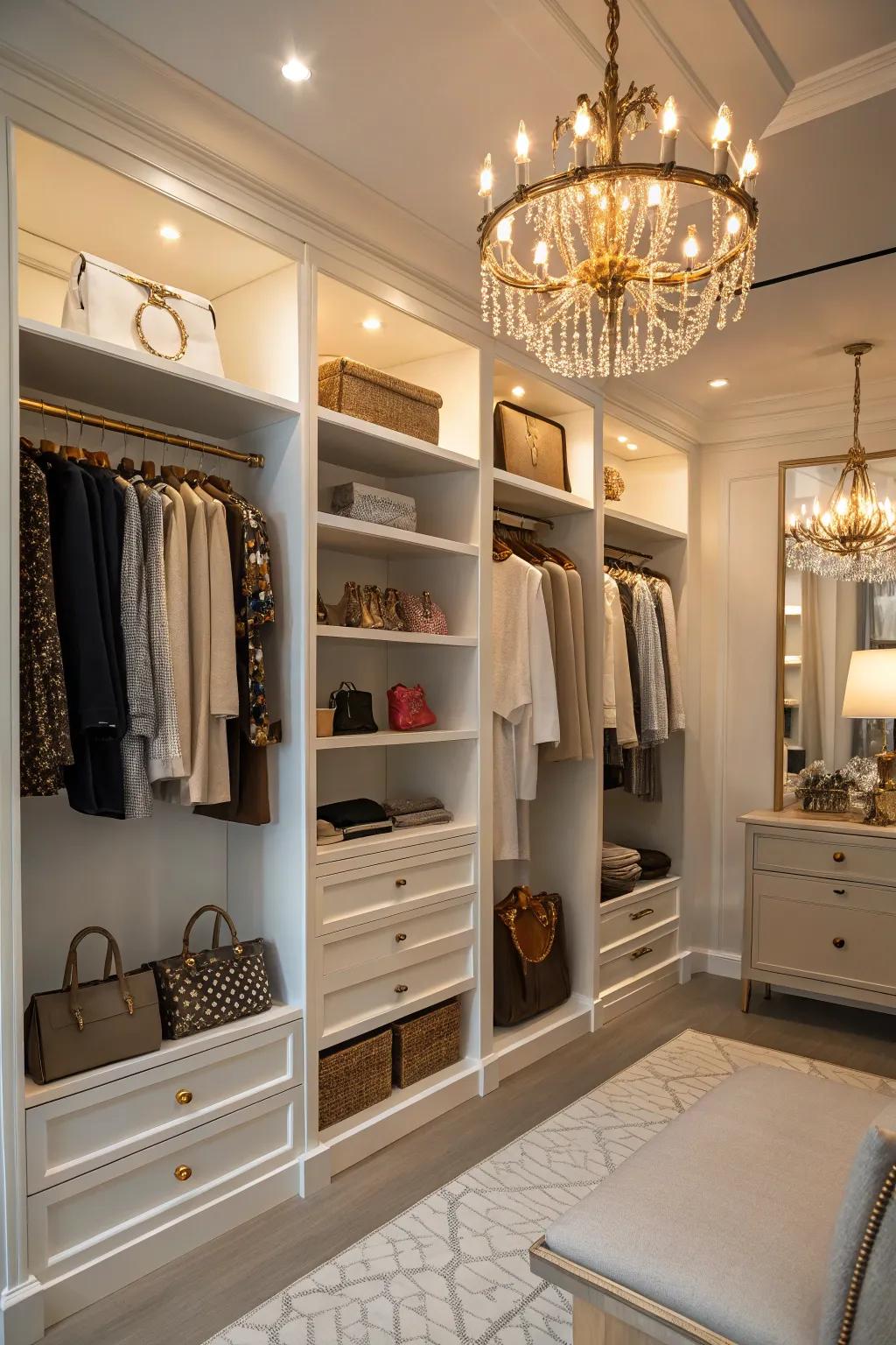 A boutique-style closet delivers a sumptuous and personalized wardrobe experience.