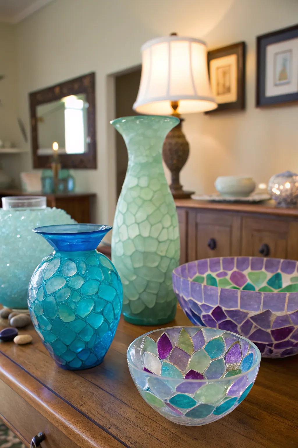 Pebble-glass elements adding whimsy and color.