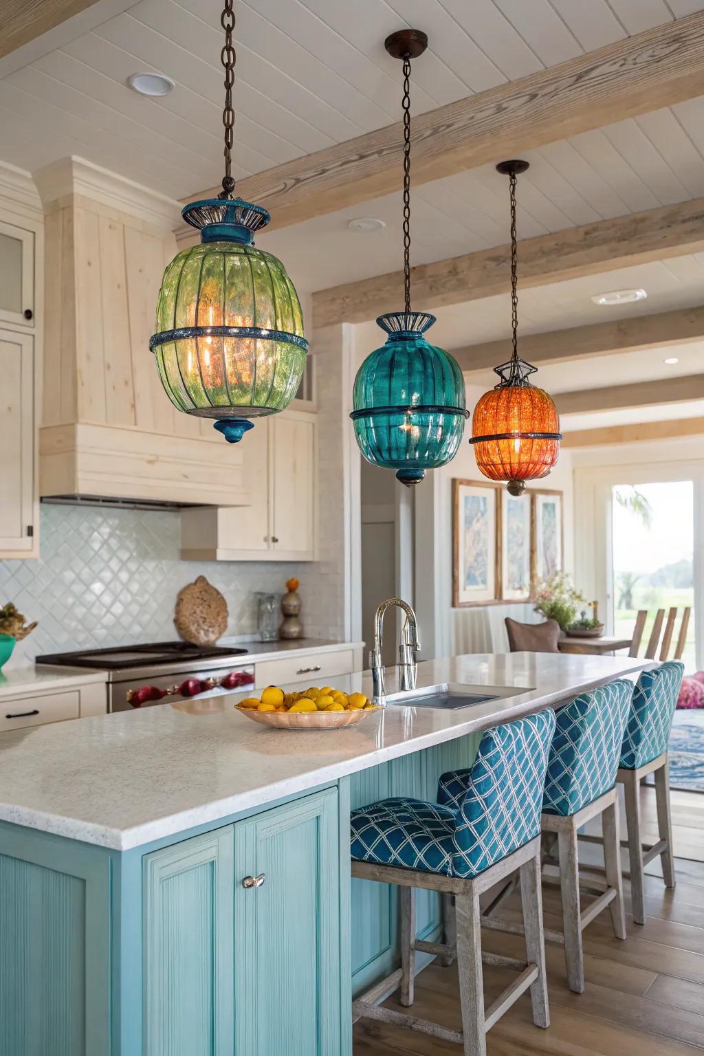 Vibrant glass drop lights contribute a playful burst to your coastal culinary space.