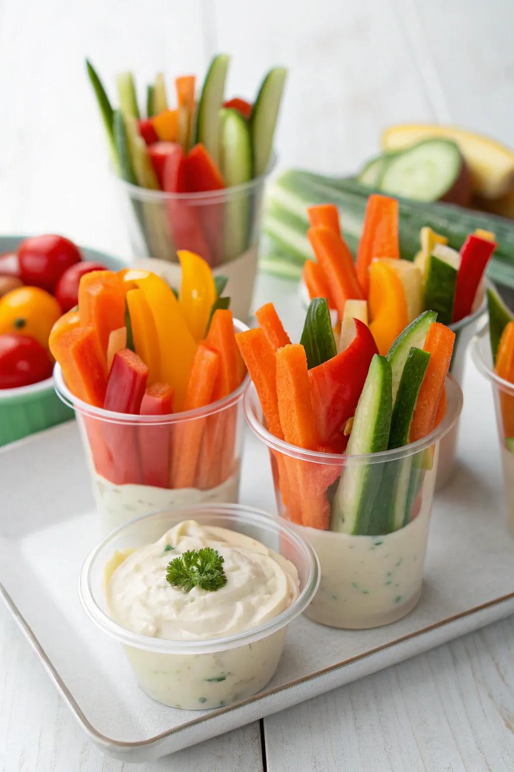 Bright vegetable cups, acting as a revitalizing and healthy snack.