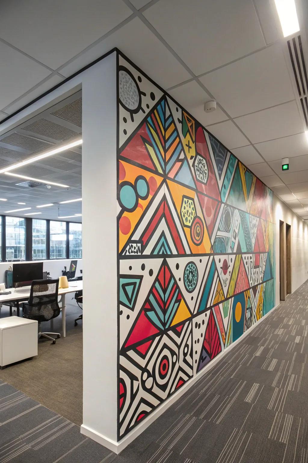 A modern office wall decorated with symmetrical graffiti patterns.