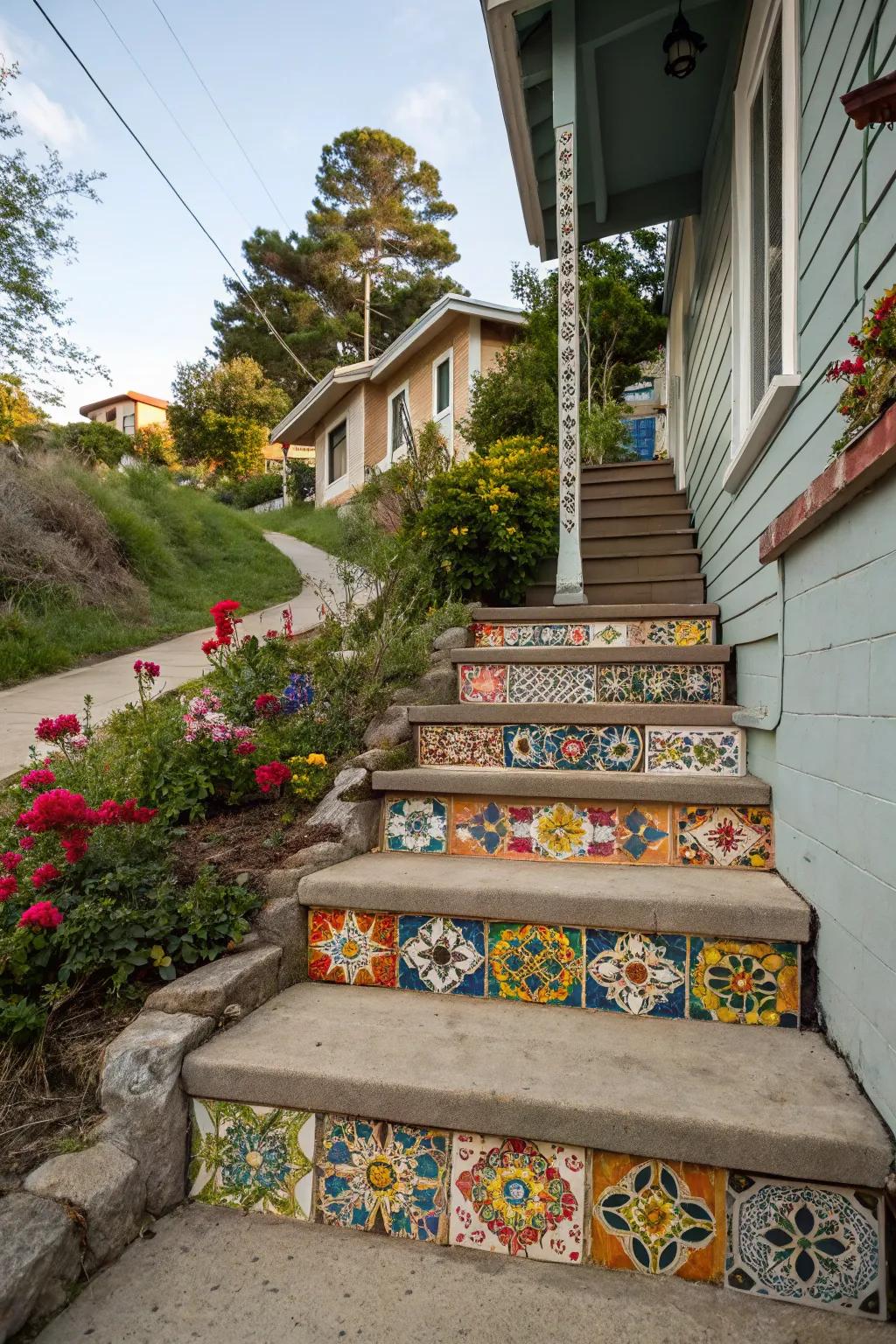 Decorative tiles add exotic charm to steps.