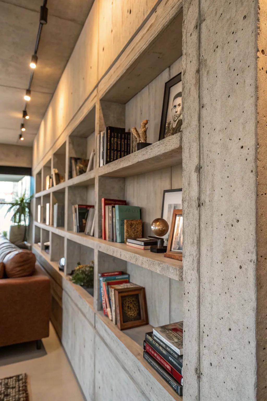 Built-in shelves offer creative storage designs on concrete walls.
