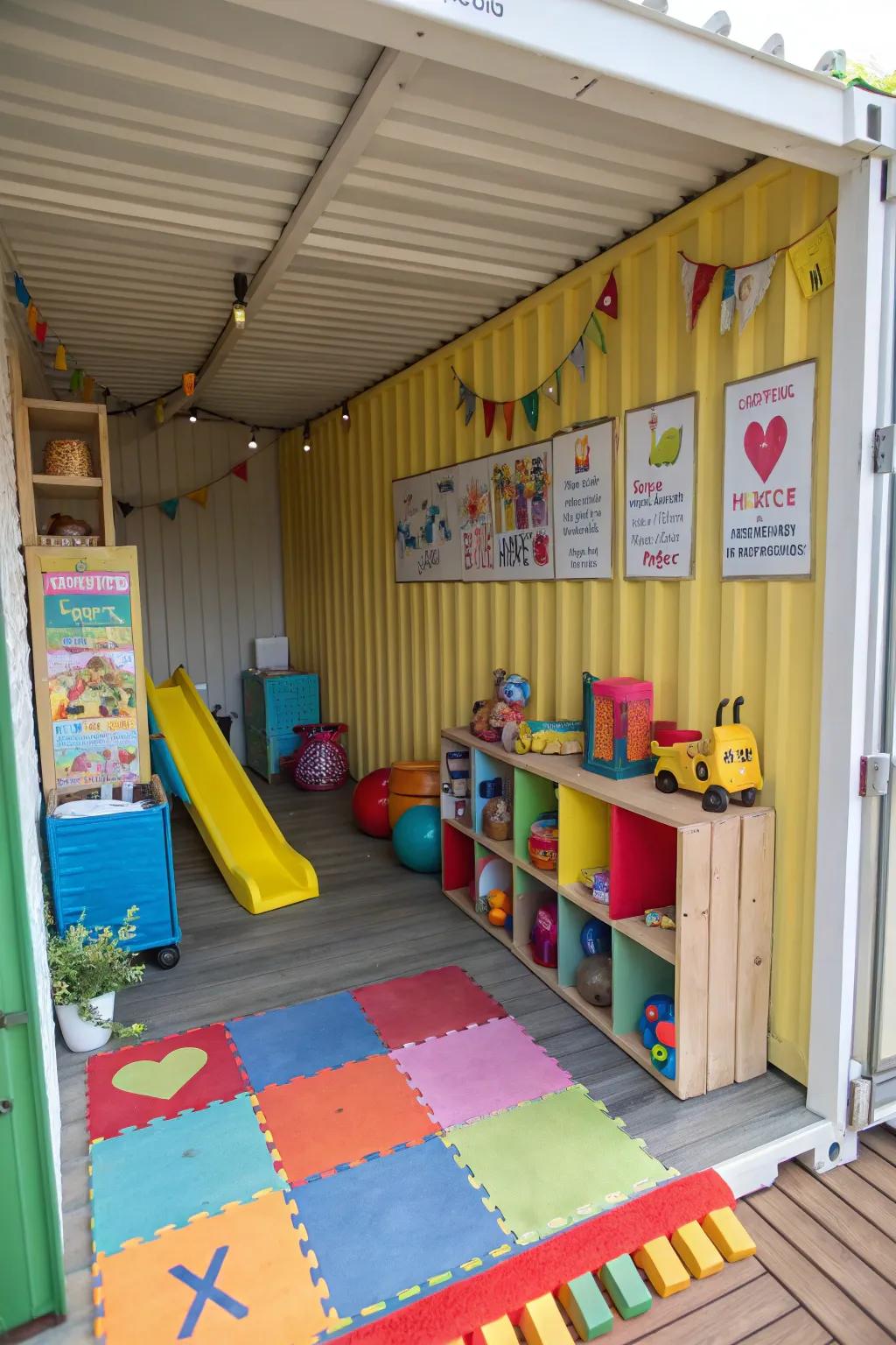 Create a safe and fun learning environment for children in a container playroom.