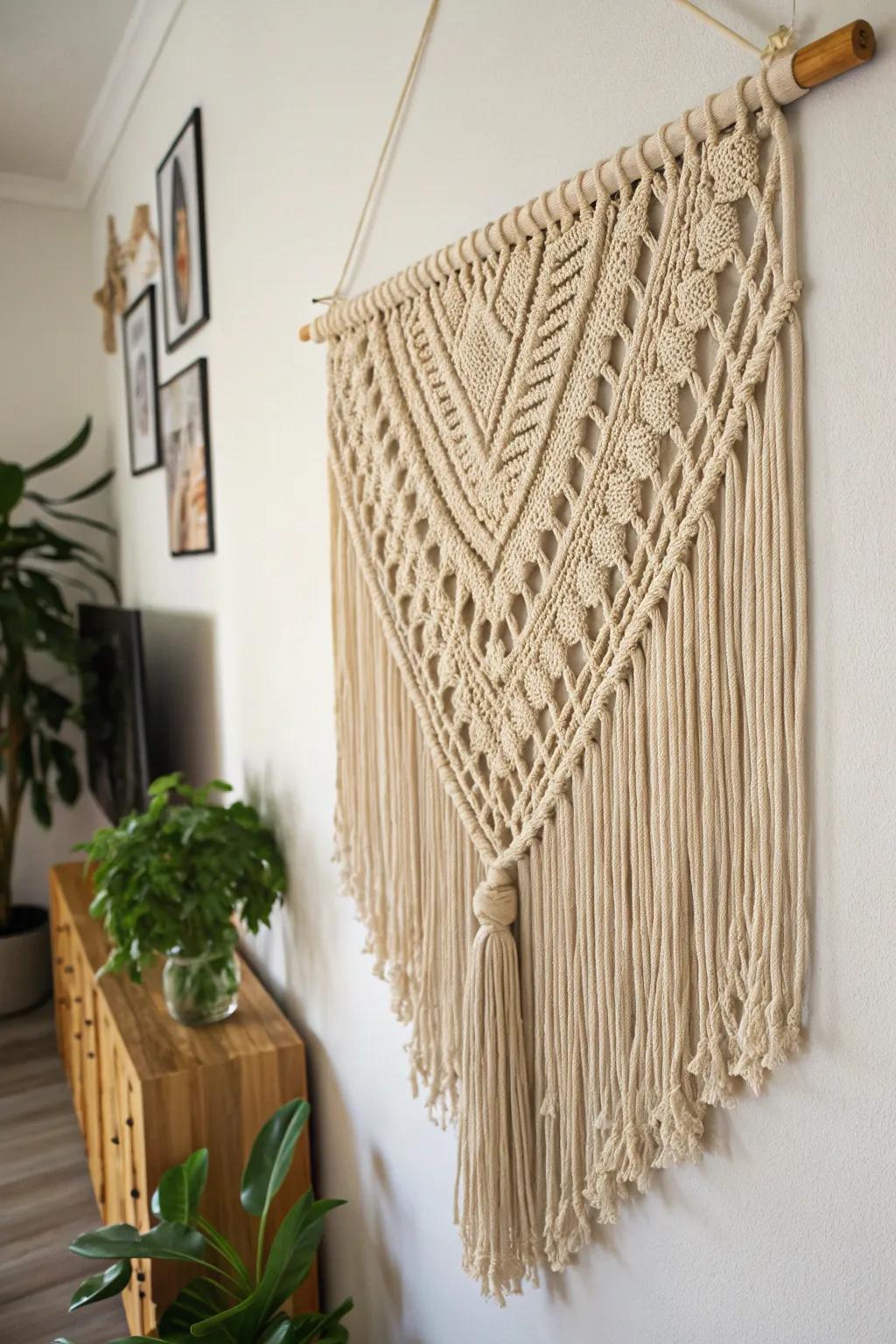 Macramé art adds texture and a personal touch.