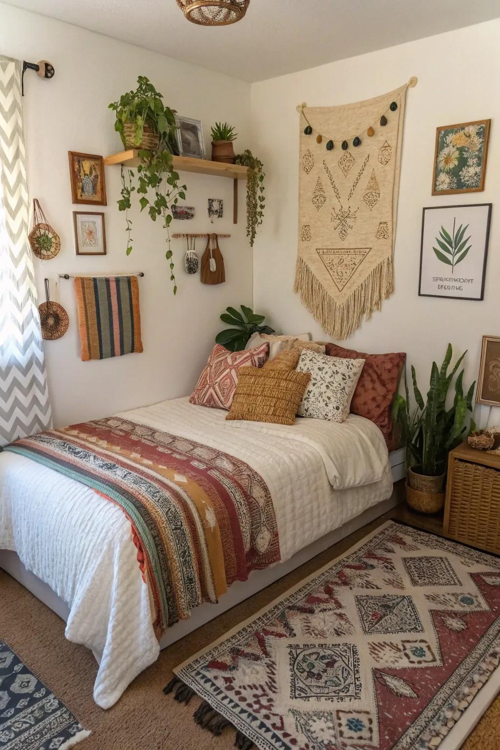 Bohemian design brings a vibrant and cozy feel to a corner bed.