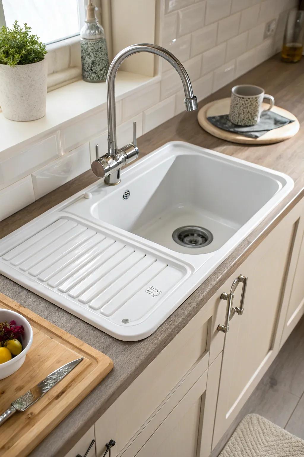 A corner sink with a drainboard, optimizing the use of kitchen space.