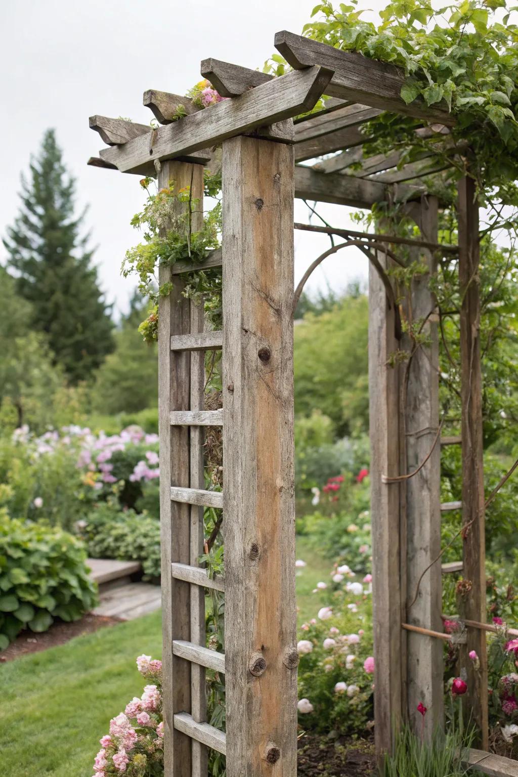 A sustainable trellis sculpted from reclaimed timber.