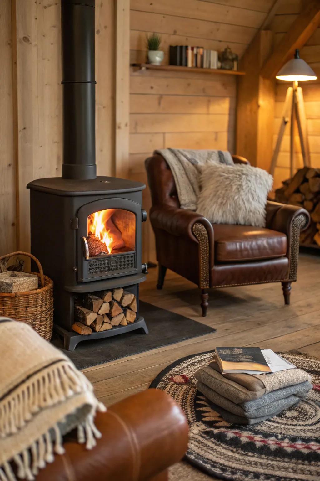 Layered textures fashion a rich and inviting firebox area.