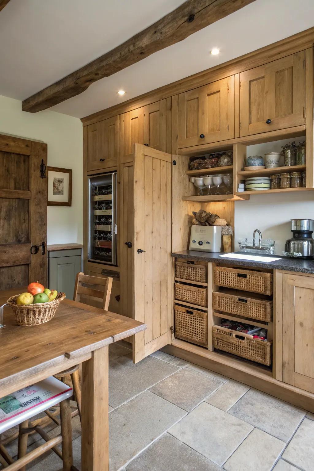 Hidden storage keeps this cooking area tidy and organized.