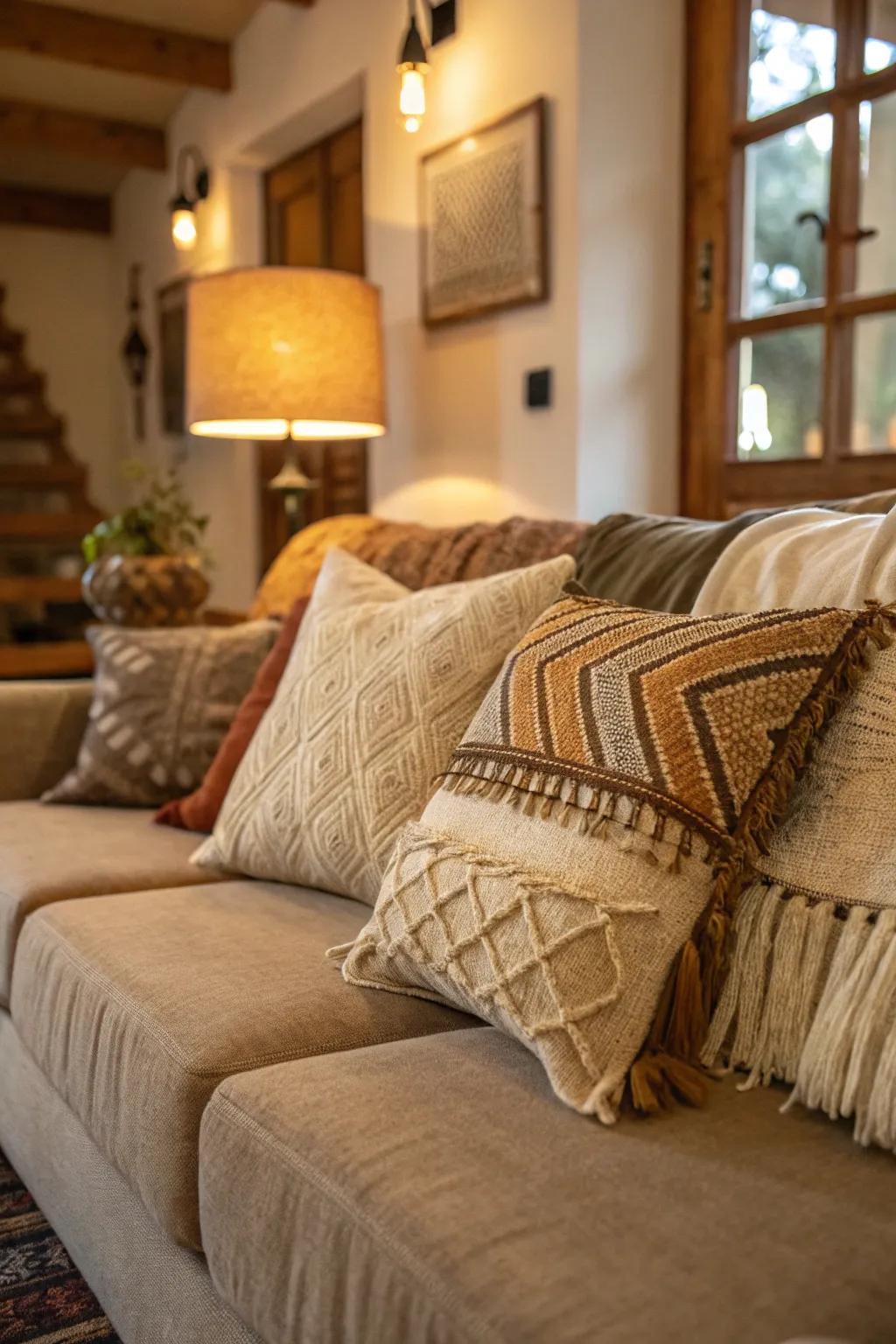Rustic cushions provide a warm, earthy feel to the room.