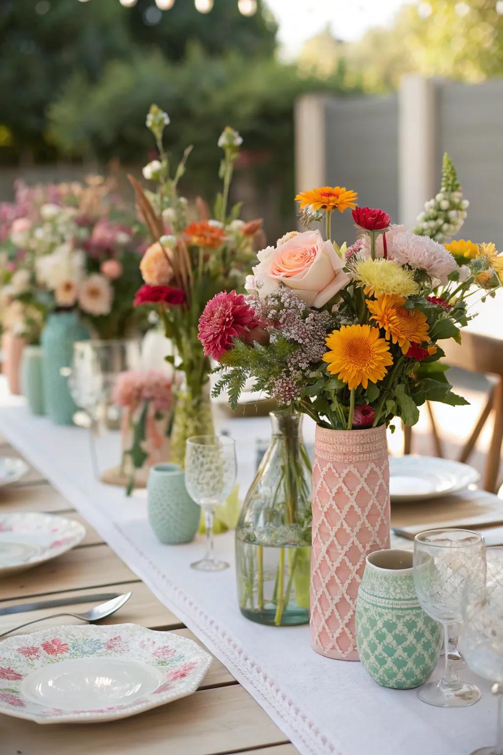 A wedding table featuring grouped assorted glassware filled with vibrant flowers.