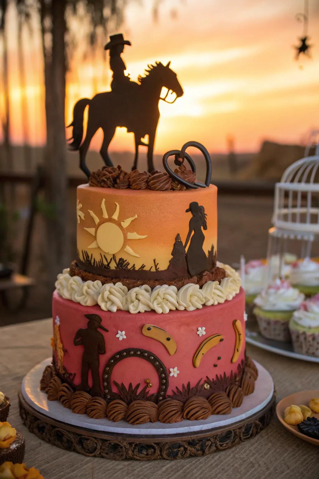 A setting sun shape captures the serene beauty of the Western landscape on this cake.