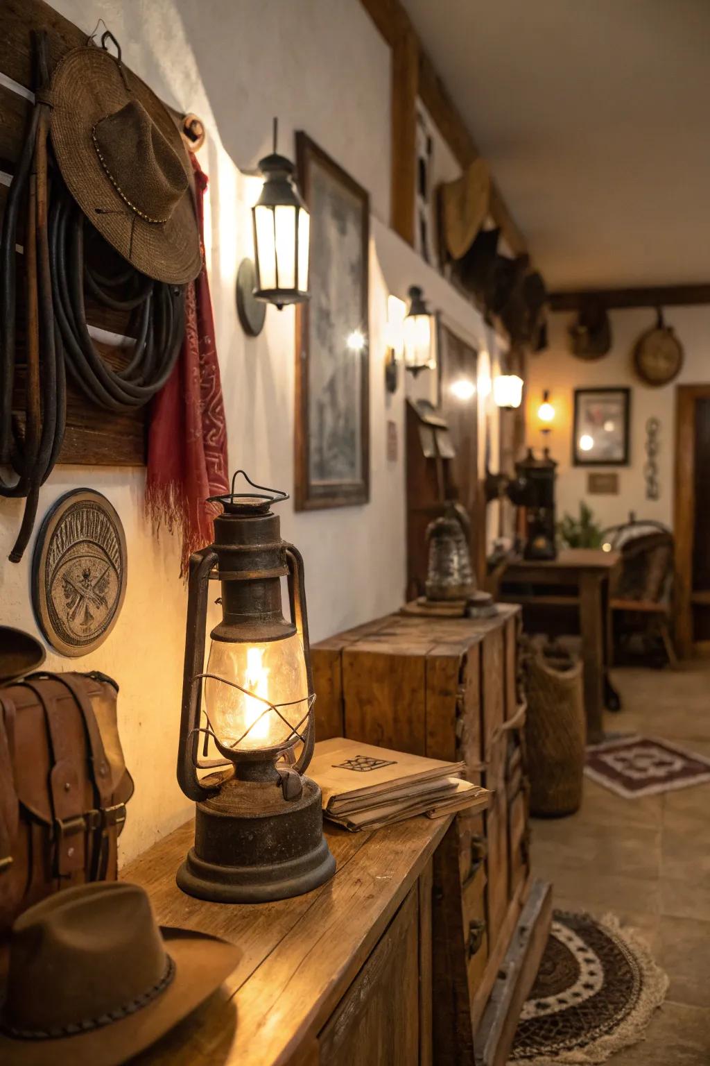 Antique lanterns add authentic rustic charm.
