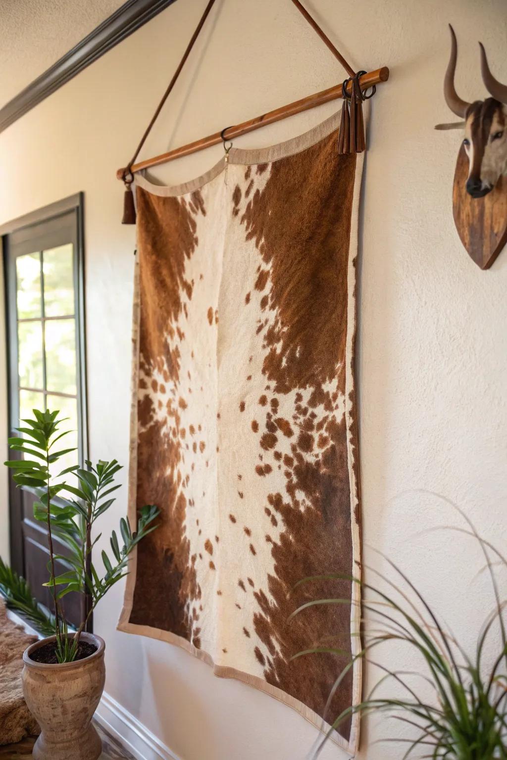A wall featuring a custom art piece made from cowhide.