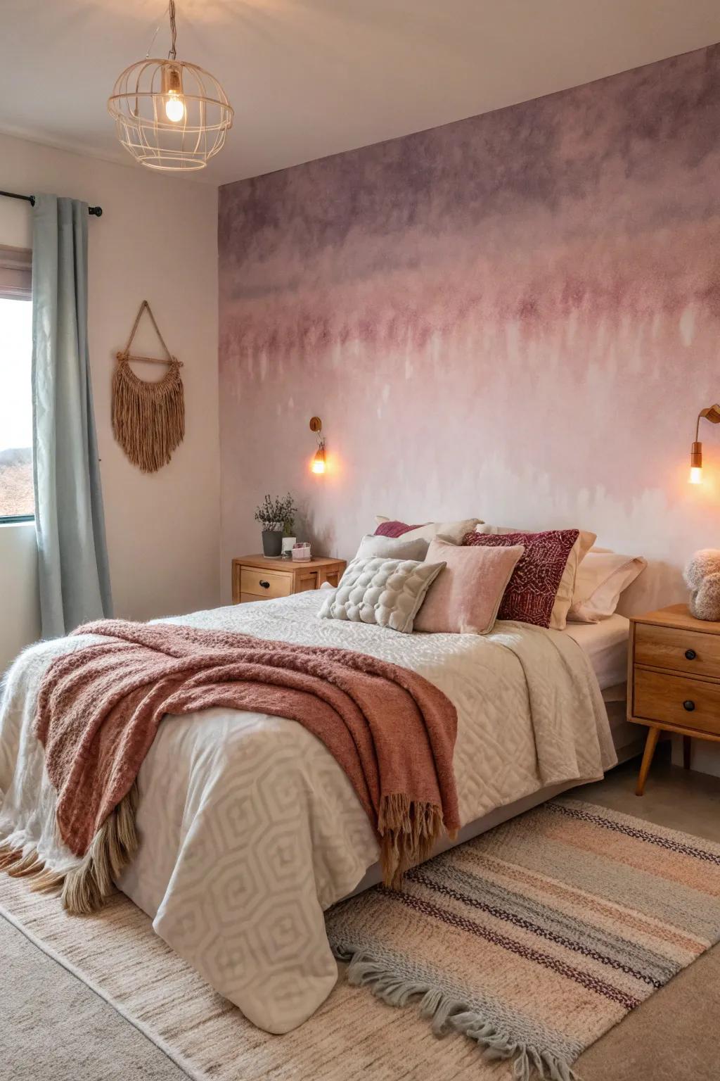 A cozy bedroom highlighted by gradient finish, lending a one-of-a-kind touch.