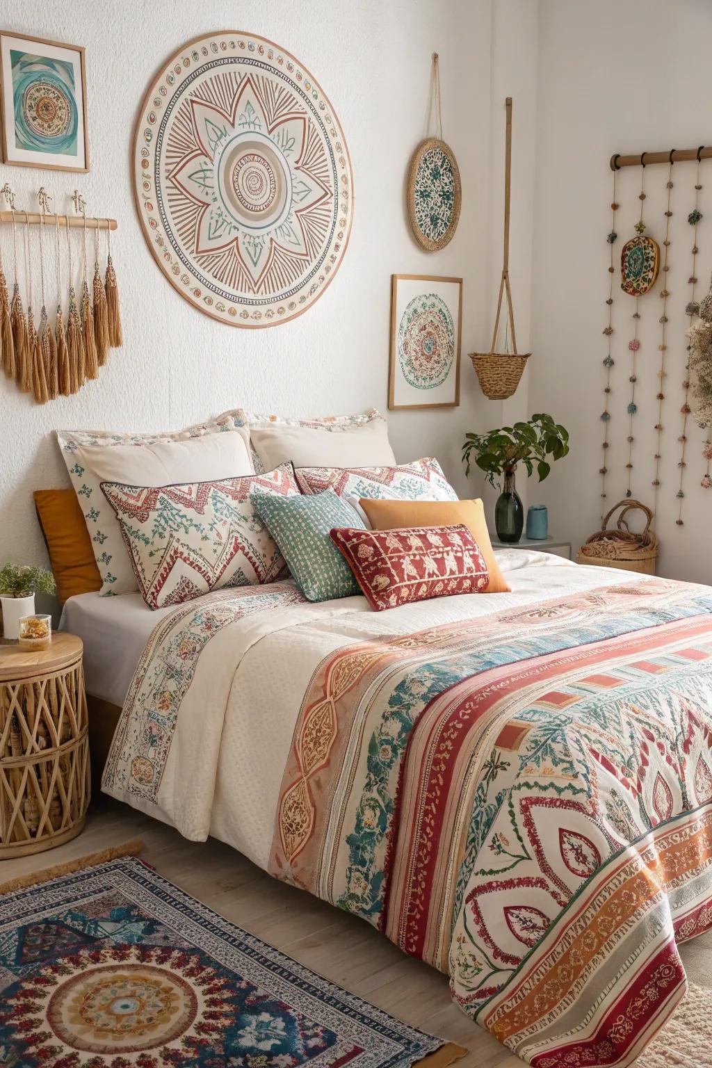 Layered patterns add depth and visual intrigue to the bedroom.
