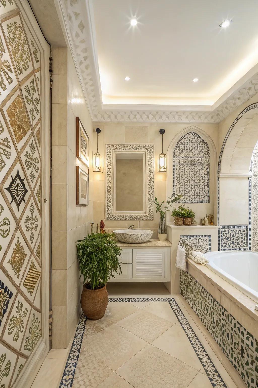 Geometric patterns add a modern edge to this cream bathroom.