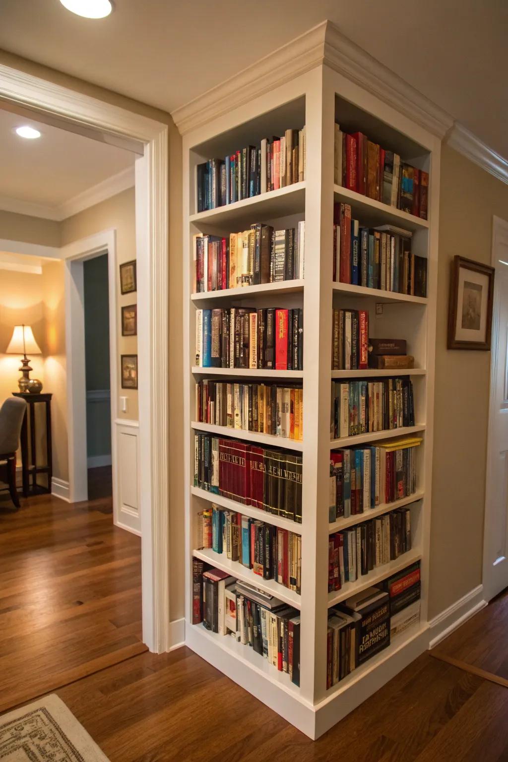 Corner bookcases make the most of overlooked areas.