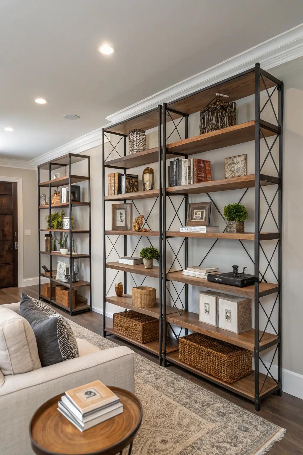 Mixed material bookshelves add texture and interest.