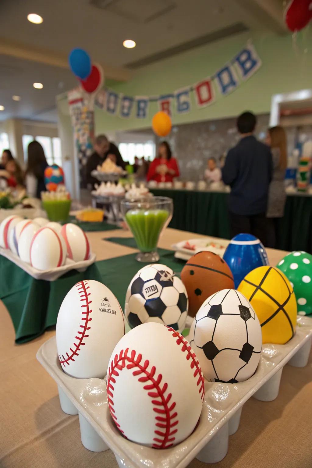 Sport-theme eggs that bring team spirit to game day decor.