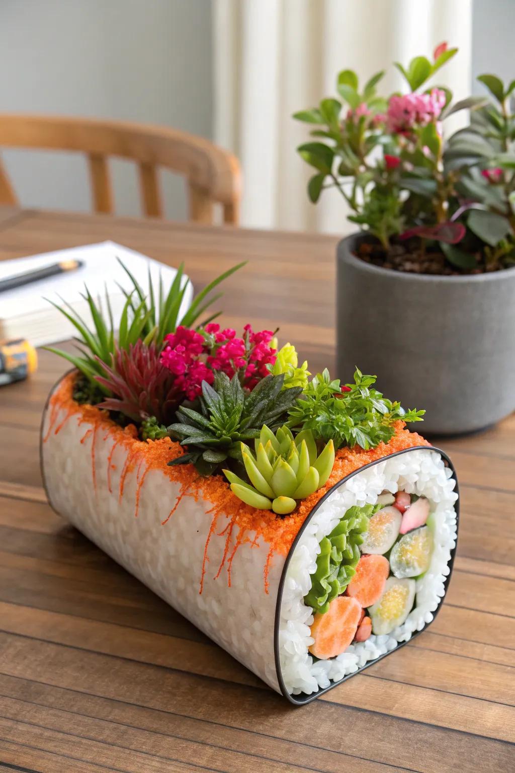 Quirky sushi roll bed bringing fun to the garden.
