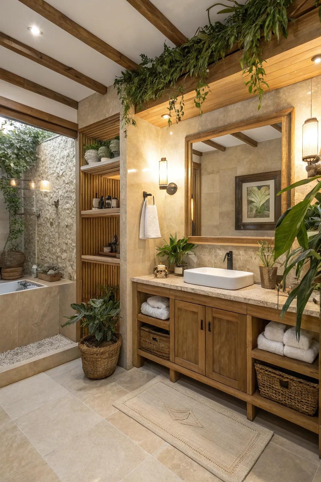 Natural elements breathe life into a crema marfil bathroom.