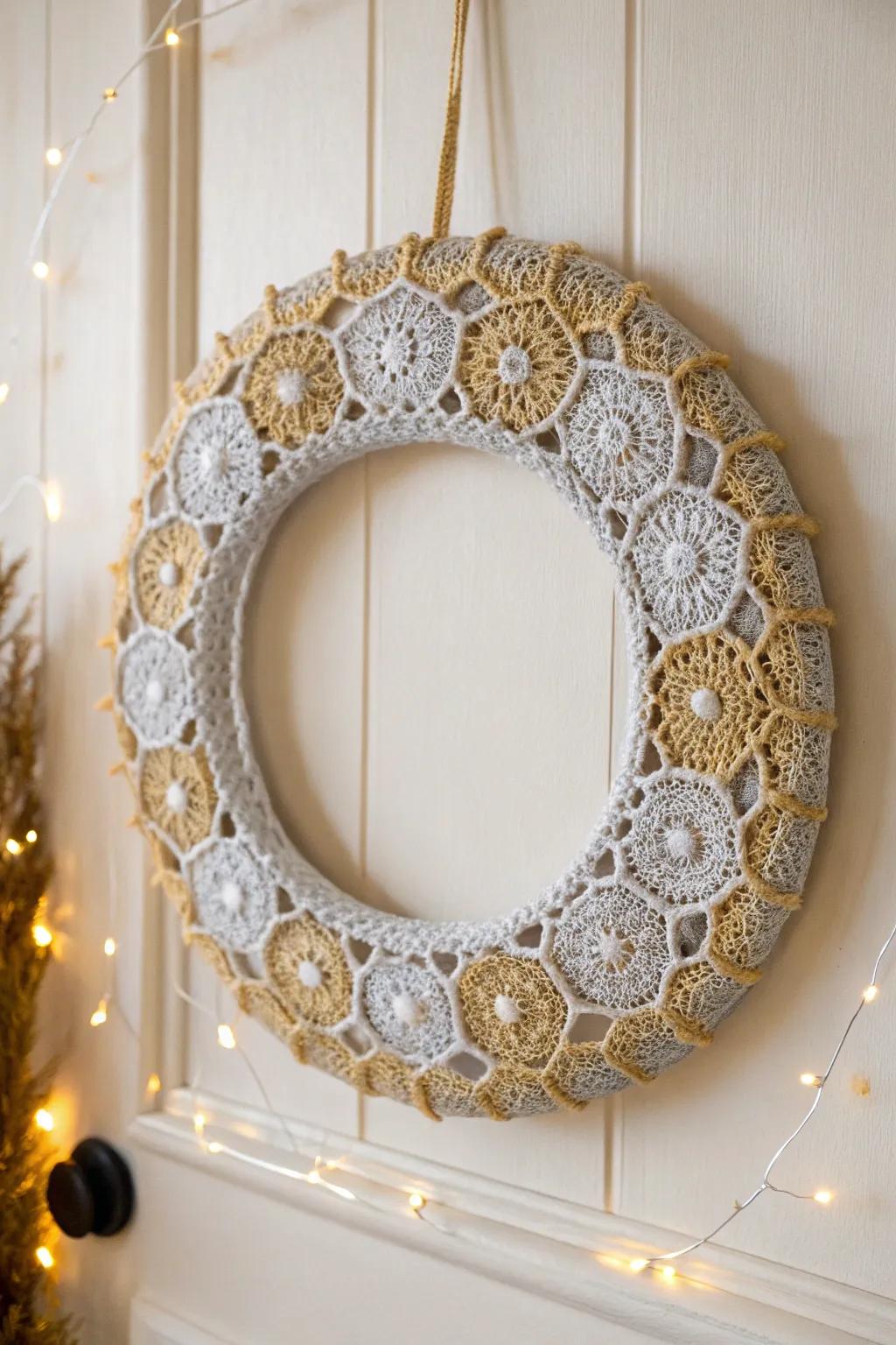 Add a touch of sparkle to your New Year's decor with this minimalist crochet wreath, blending boho charm with Scandinavian elegance.