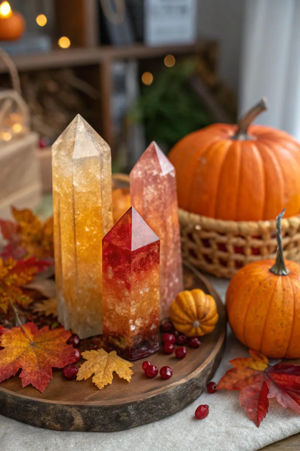 A seasonal shift featuring autumn-toned crystals.