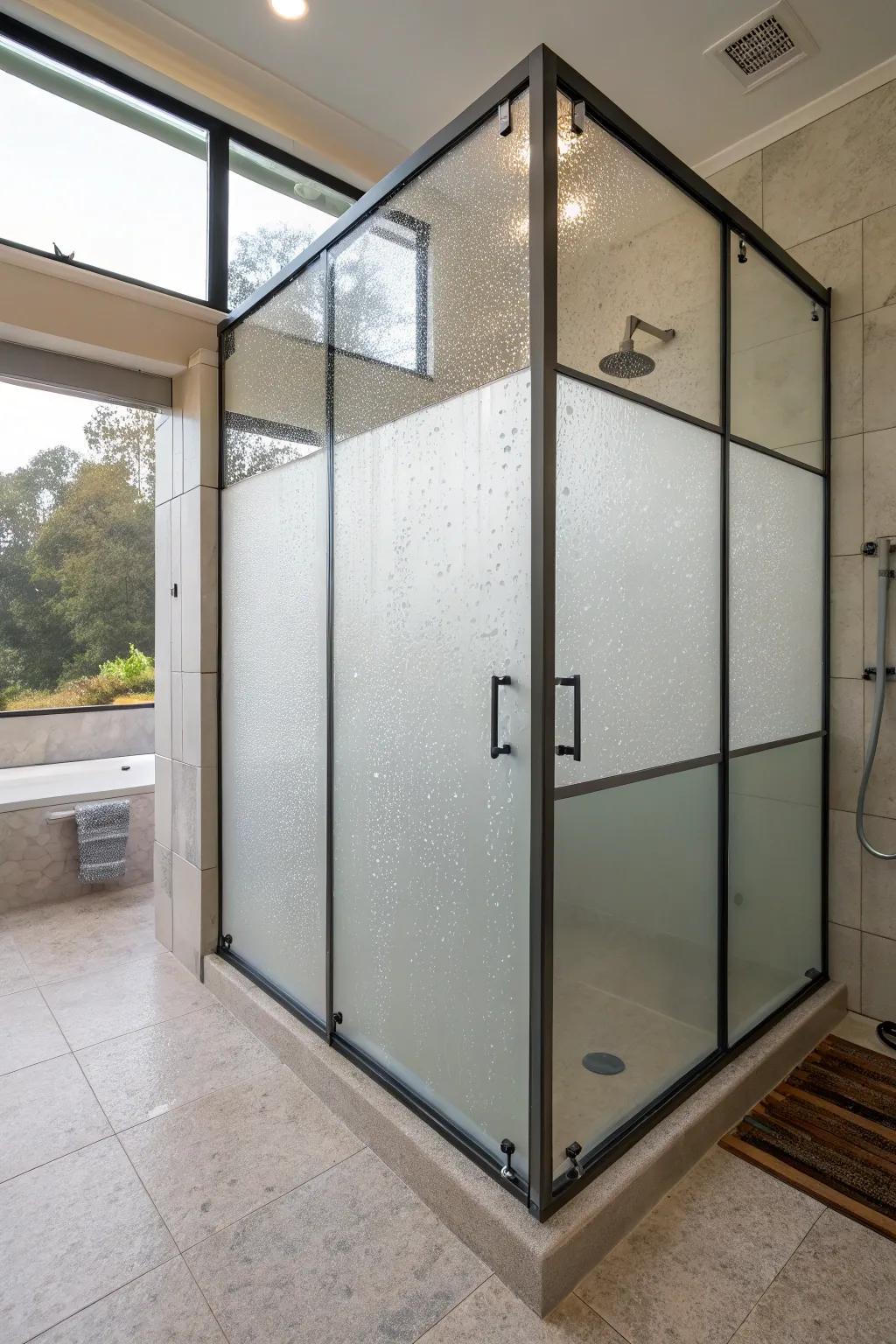 Frosted glass panels offer privacy while keeping a bright atmosphere.