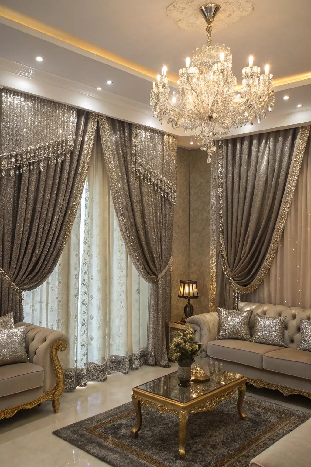 Metallic embellishments add a luxurious touch to drape designs.