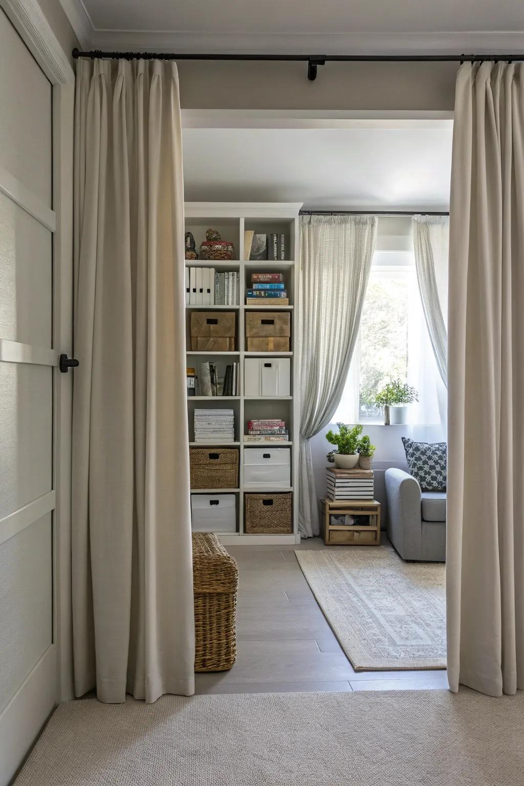 Curtains conceal clutter, ensuring neat spaces.