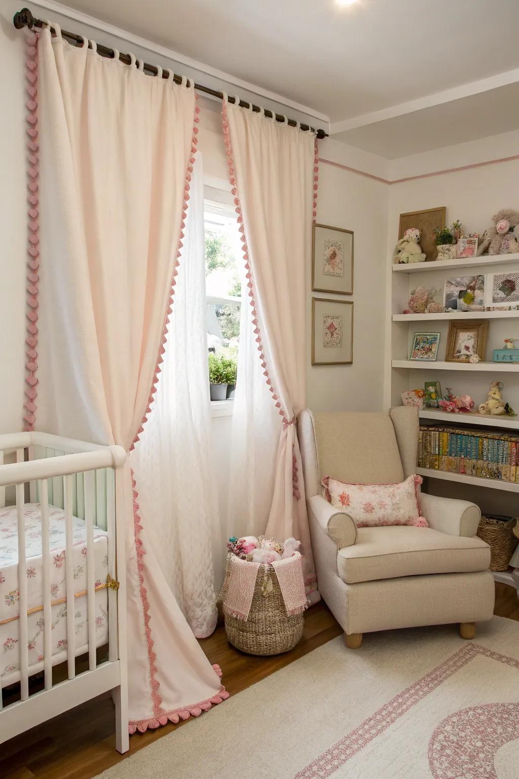 Classic nursery curtains with ridged edges.