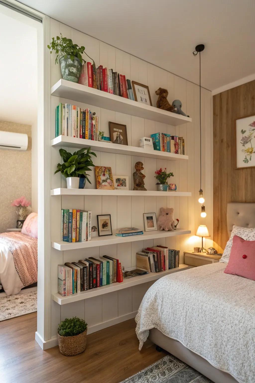 Elevated storage systems keep the room neat and spacious.