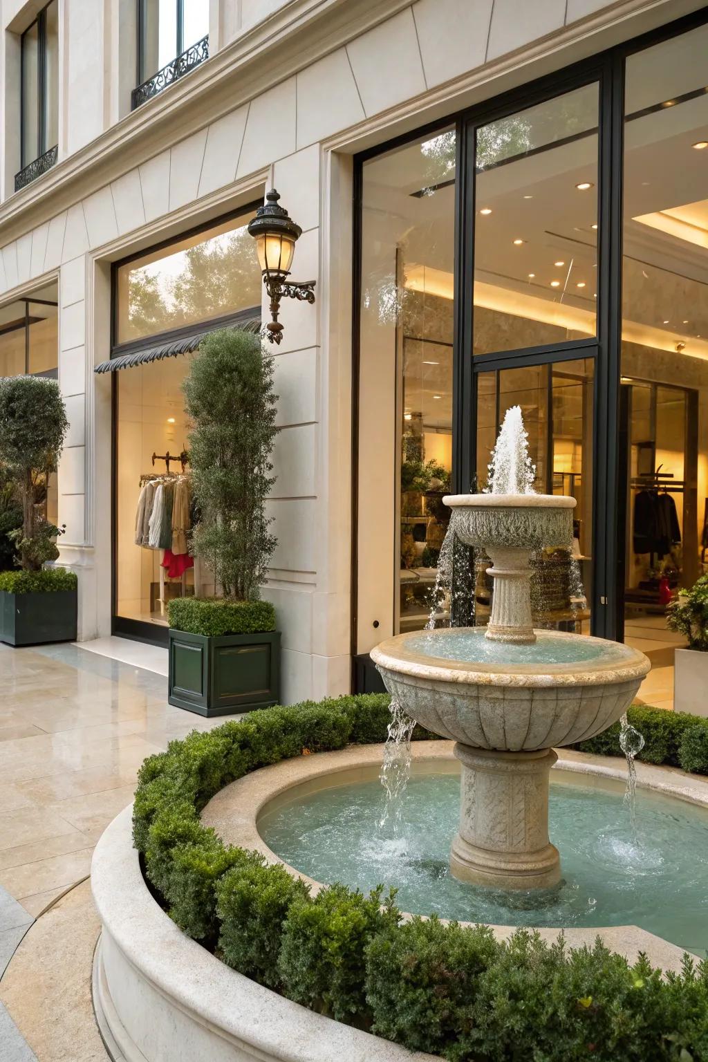 A storefront enhanced by a petite fountain, adding tranquility and elegance.