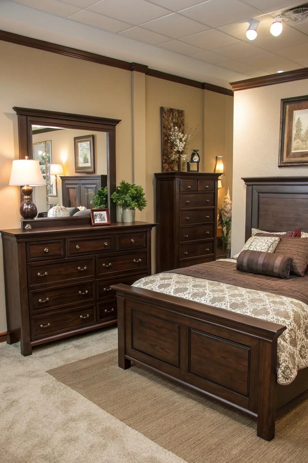 Mirrors improve light and space, showcasing deep brown furniture.
