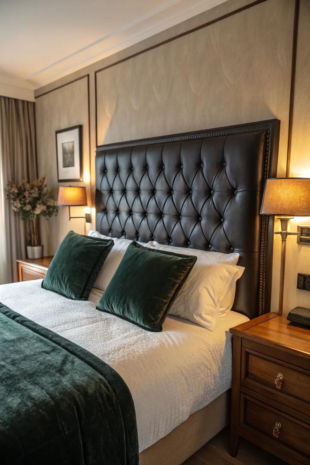 A black leather headboard adds sophistication to the room.