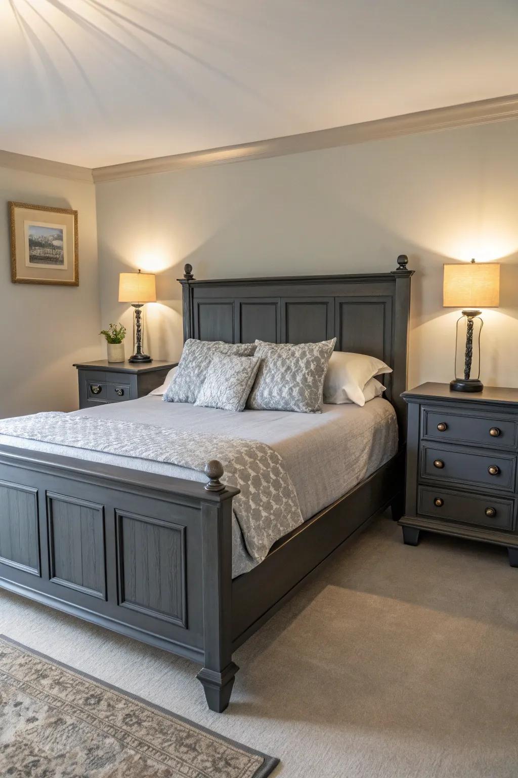 Symmetry introduces balance and tranquility to a grey-themed bedroom.