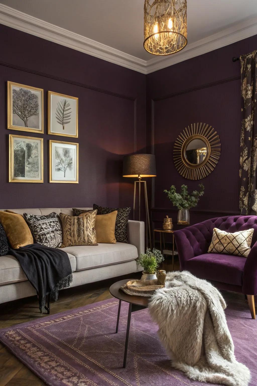 A mystically purple-toned living room adorned with enchanting decorative touches.