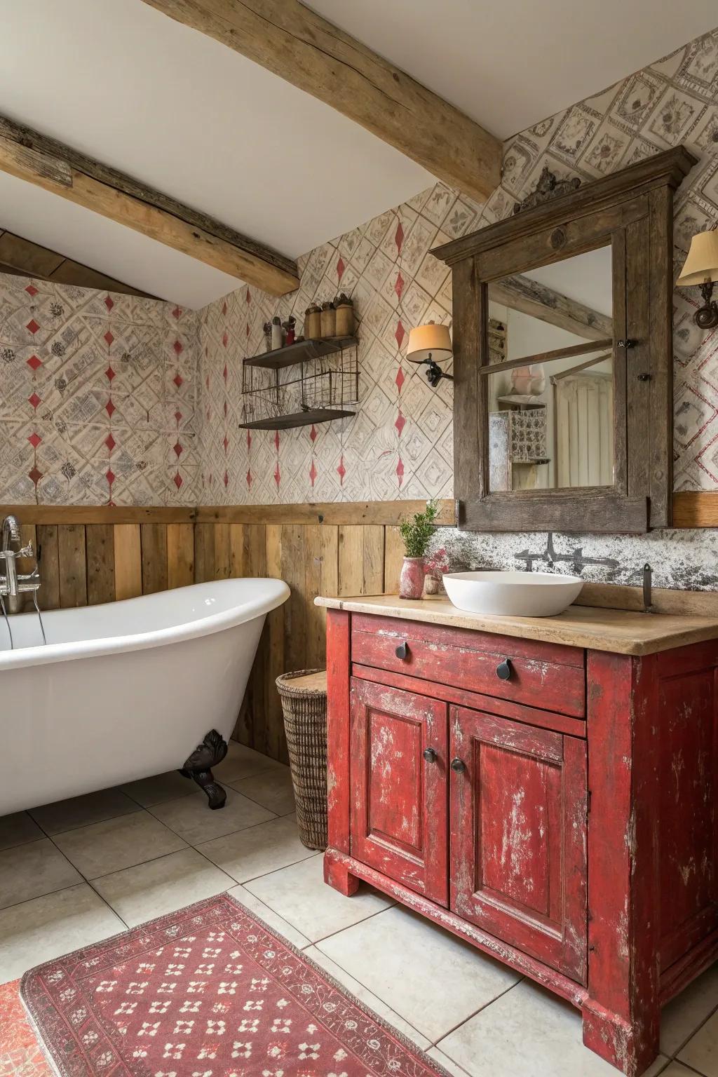 Country crimson features impart coziness and character to a farmhouse bathroom.