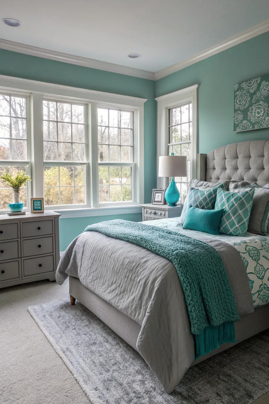 Natural light enhances the soothing qualities of teal and grey.