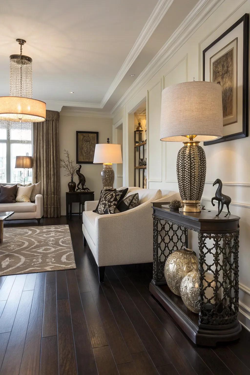 Chic accessories enhance the elegance of <strong>dark wood floors</strong>.&rdquo; loading=&rdquo;lazy&rdquo; class=&rdquo;pimg&rdquo;>
	</picture><figcaption>Chic accessories enhance the elegance of <strong>dark wood floors</strong>.</figcaption></figure>
<p>Accessorize with trendy d&eacute;cor like chic lamps or unique sculptures. These subtle details contribute to a sophisticated and polished design.</p>
<h3>Maybe worth checking out:</h3>
<ul class=