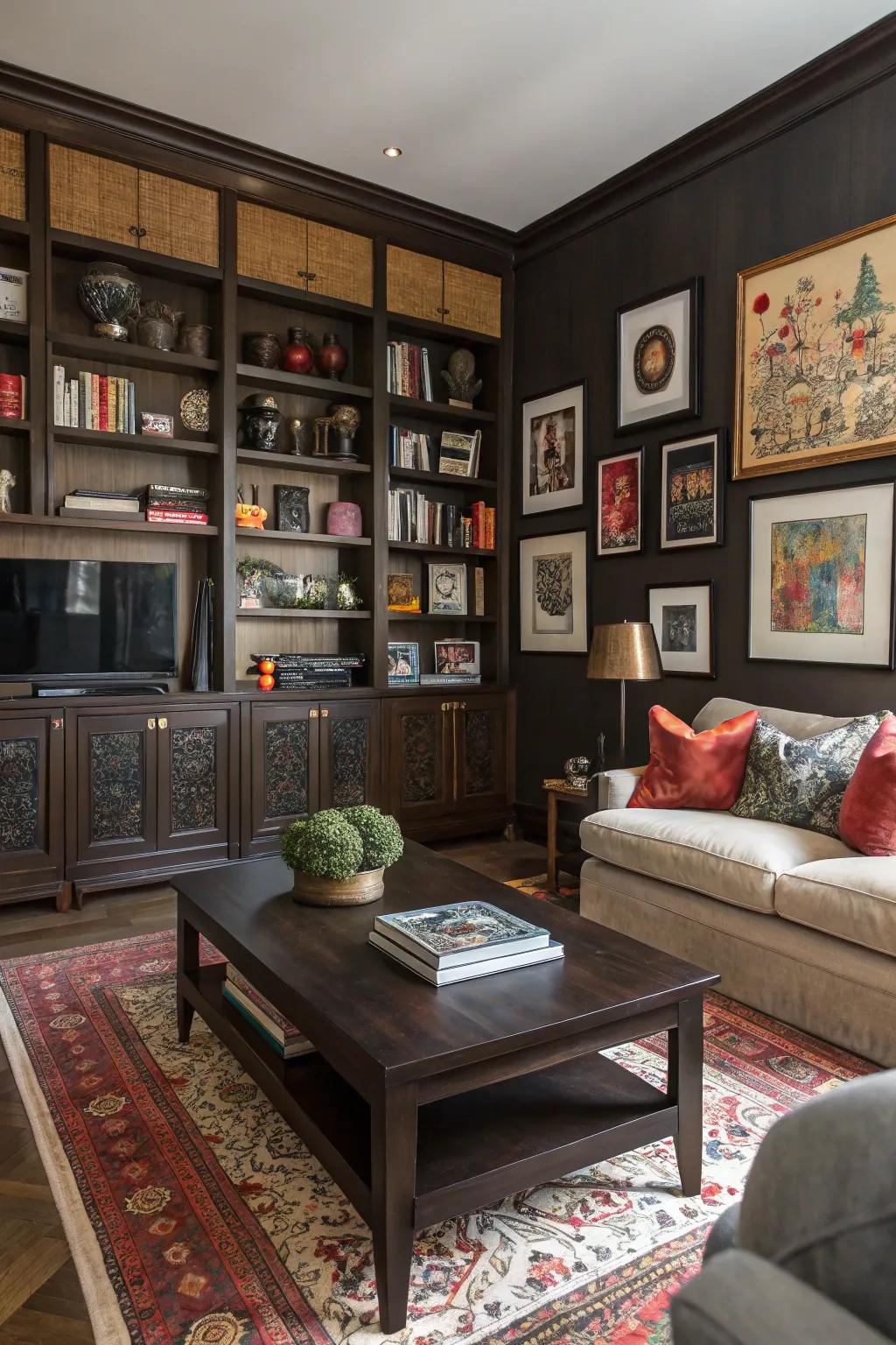 An eclectic blend of styles makes dark wood interiors intriguing and visually appealing.