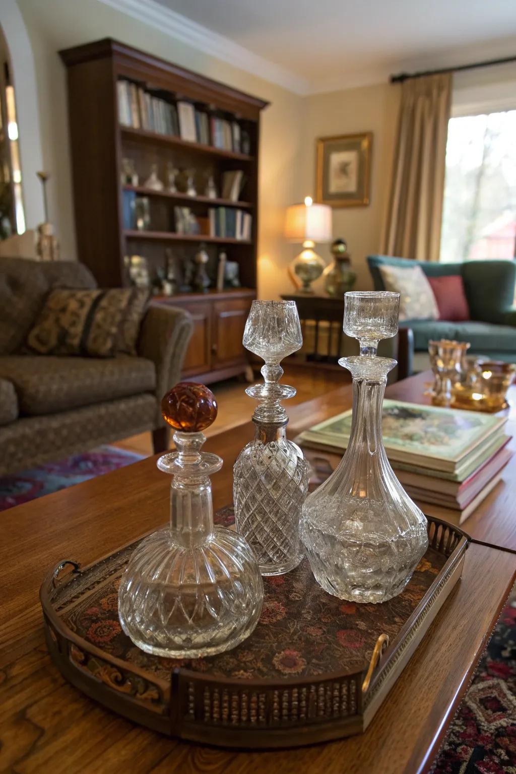 A timeless collection of carafes displayed as a nostalgic centerpiece.