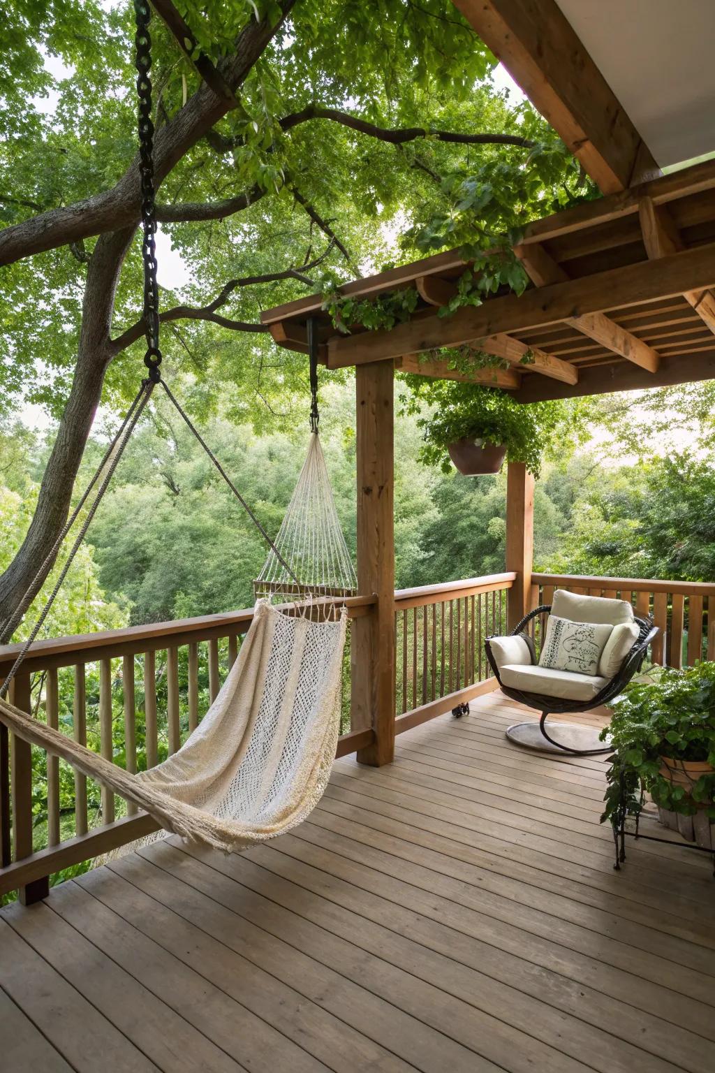 Delight with unconventional elements like a hammock.