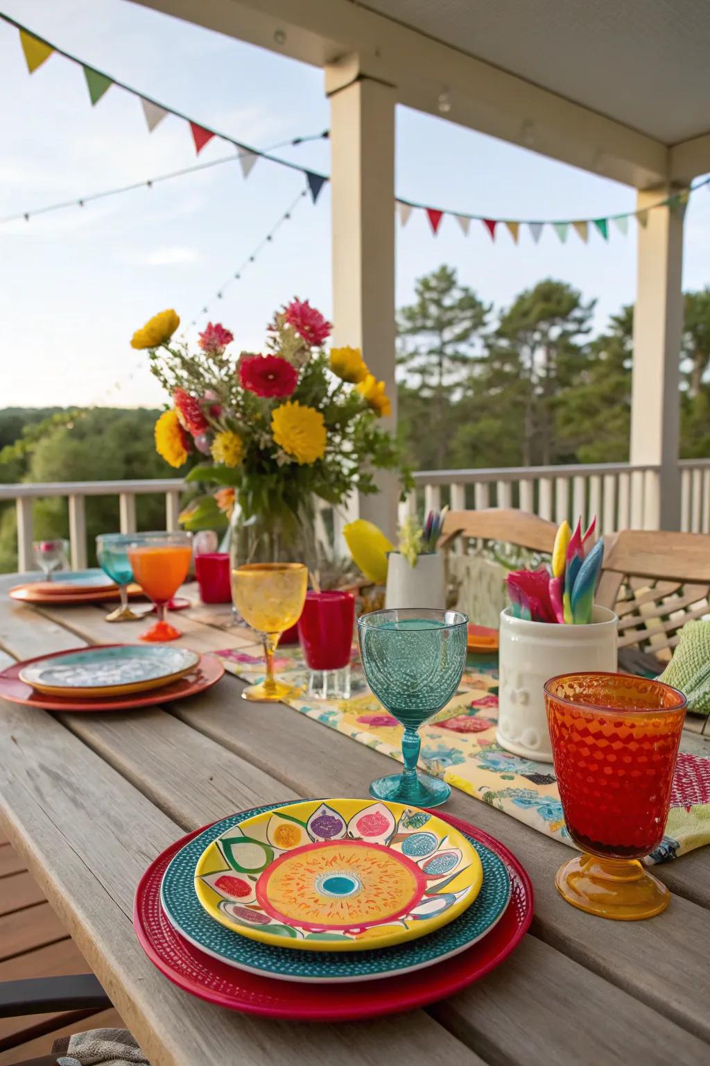 Dazzling tableware adds a burst of color to your deck decor.